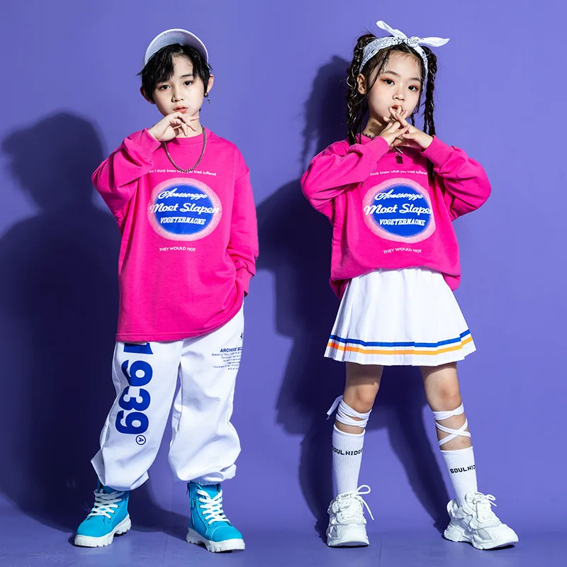 

Boys Hip Hop Sweatshirt Pink Street Dance Pants Girls Loose Top Skirts Children Streetwear Joggers Kids Jazz Socks Clothes Sets