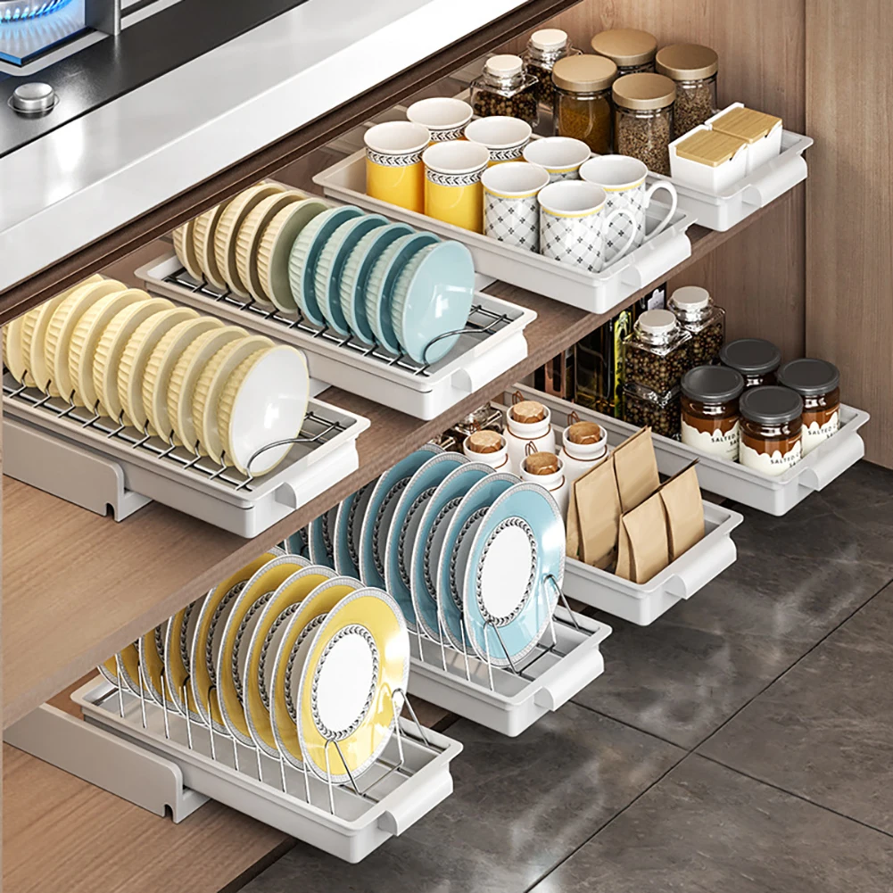 Pull Out Dish Racks Kitchen Under Sink Organizer, Cabinet Slide Out Dish Drying Rack With Drainboard, Carbon Steel Sliding Drawe