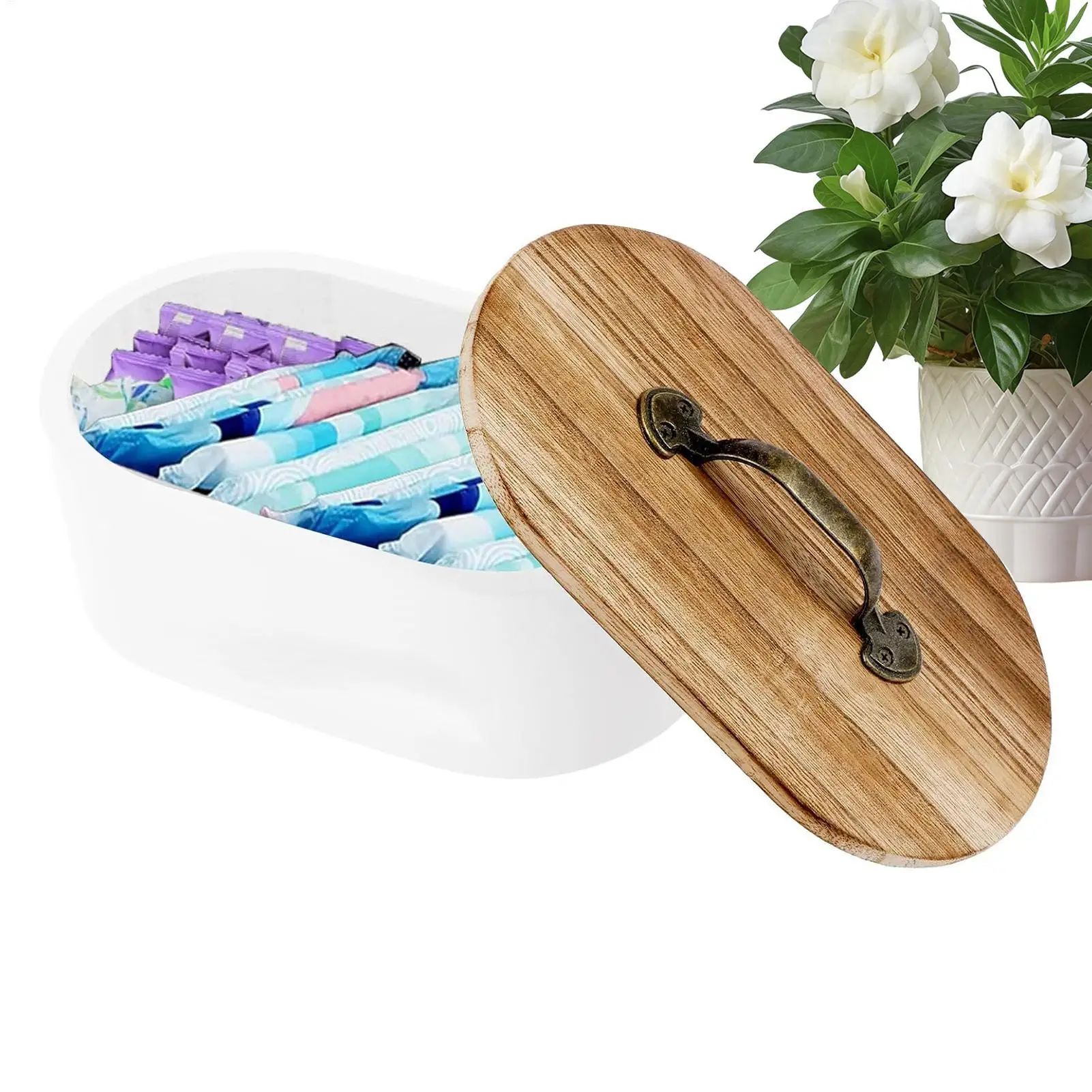 Feminine Product Organizer Wooden Pad and Tampon Storage Holder Bathroom Accessories Decorative for Hairpins Medicine Cotton
