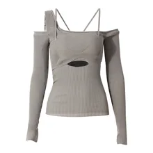 

New Ribbed Knitted Sweater Women Off Shoulder One-shoulder Irregular Hollowed-out Slim Fit Bottoming Knitted Fashion Sweater