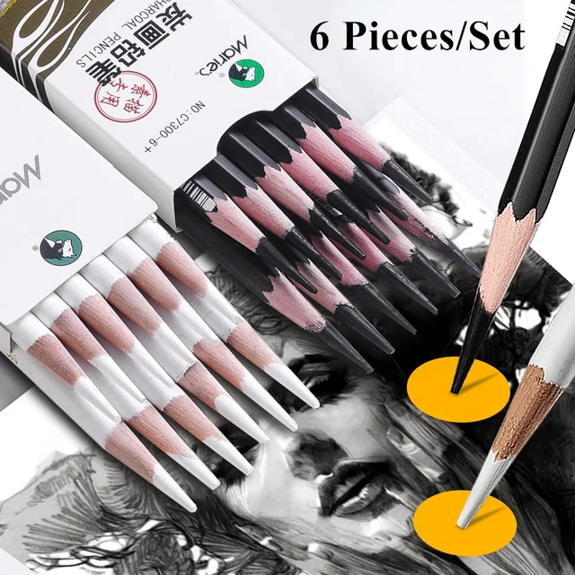 6 Pieces/Set Artist Black White Charcoal Pencils Set for Drawing Sketching Shading on Dark Papers Colored Cardboard 1