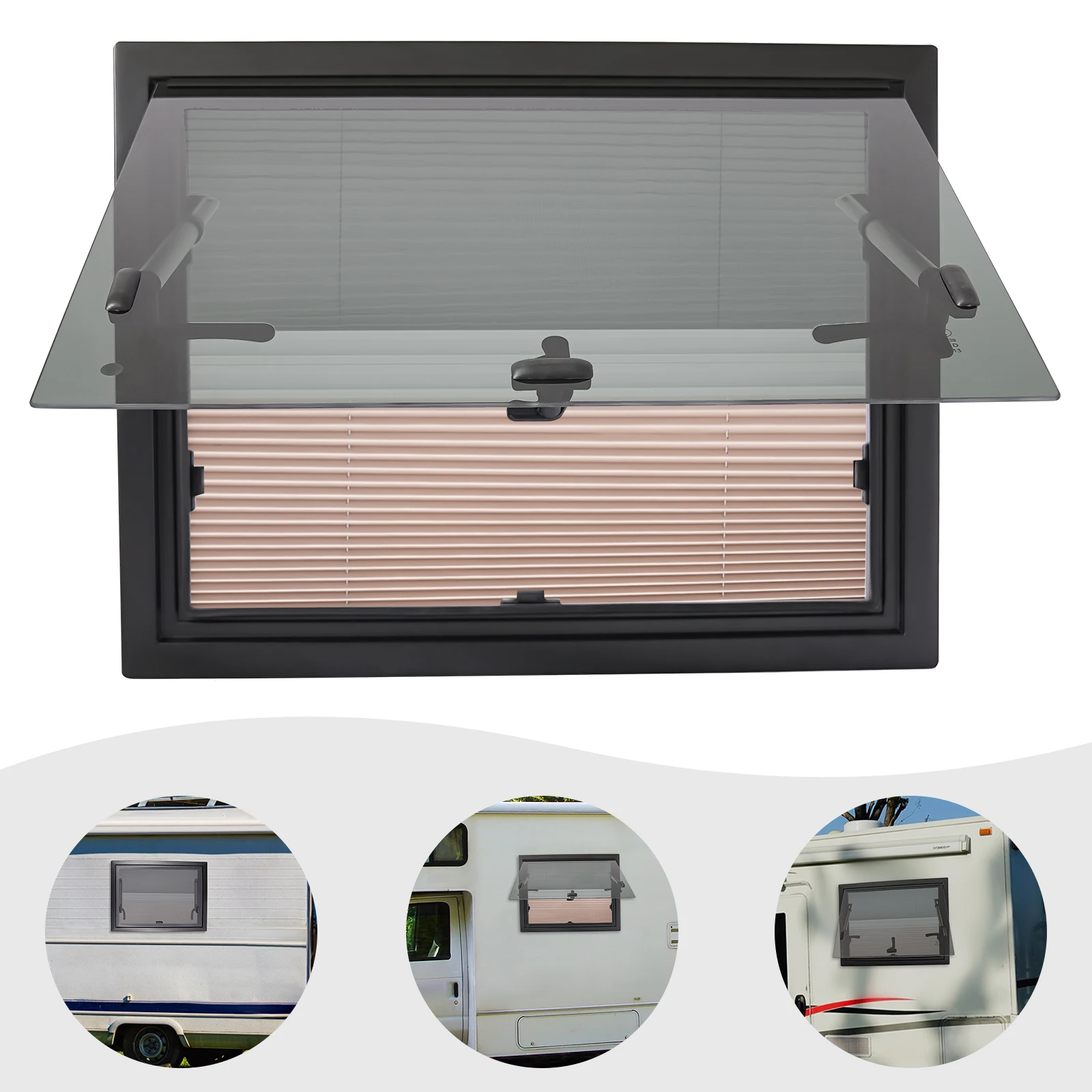RV Ausstellfenster 65 ° Öffnungsfähiges Gehärtetes Glas RV-Fenster für Wohnmobil Caravan mit Insektenschutz Abschließbarer Griff 23,62x17,72 Zoll – Detail 1