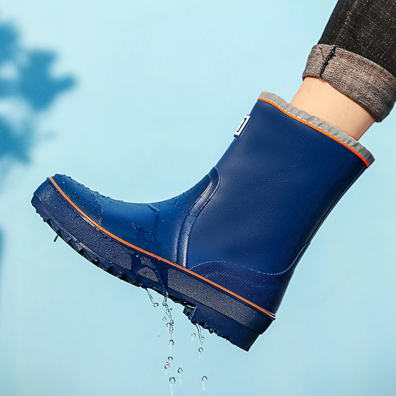 MensRainBootsSlipOnWaterproofRubberRainShoesWorkMudBoots