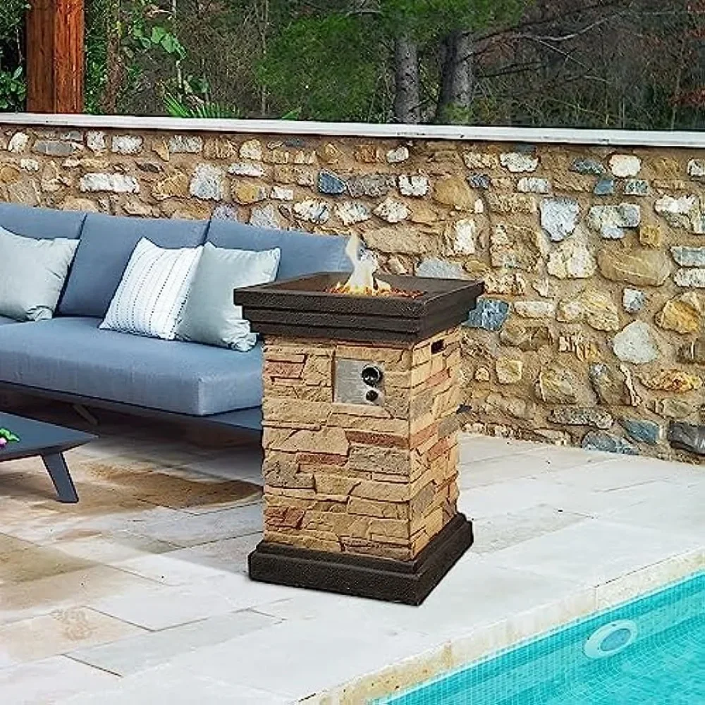 

40,000 BTU Square Slate Rock Look Steel Outdoor Fire Pit Pillar Outside Propane Gas Firepit with 6.6 Pounds
