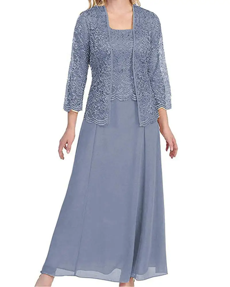 

2023 Lace Mother of The Bride Dresses with Jacket Sleeve Chiffon Long Formal Evening Dress 3/4 Sleeve Wedding Guest Party Robe