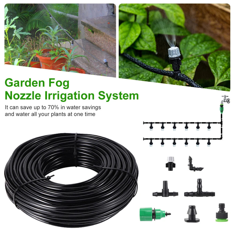 

Garden Fog Nozzle Irrigation Kit Universal Watering 10m Garden Hose Spray Head With 4/7mm Tee And Connector For Plant Lawn