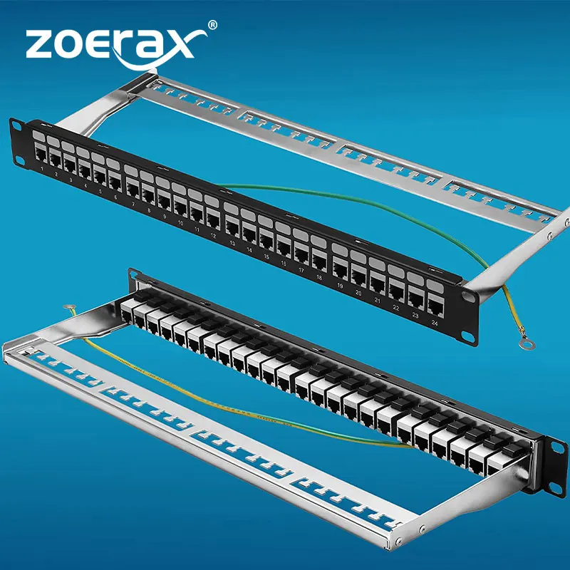 Zoerax-patch Panel com Acoplador Keystone Jack Stp Blindado Suporte 10g 24 Portas Cat6a Cat7 19