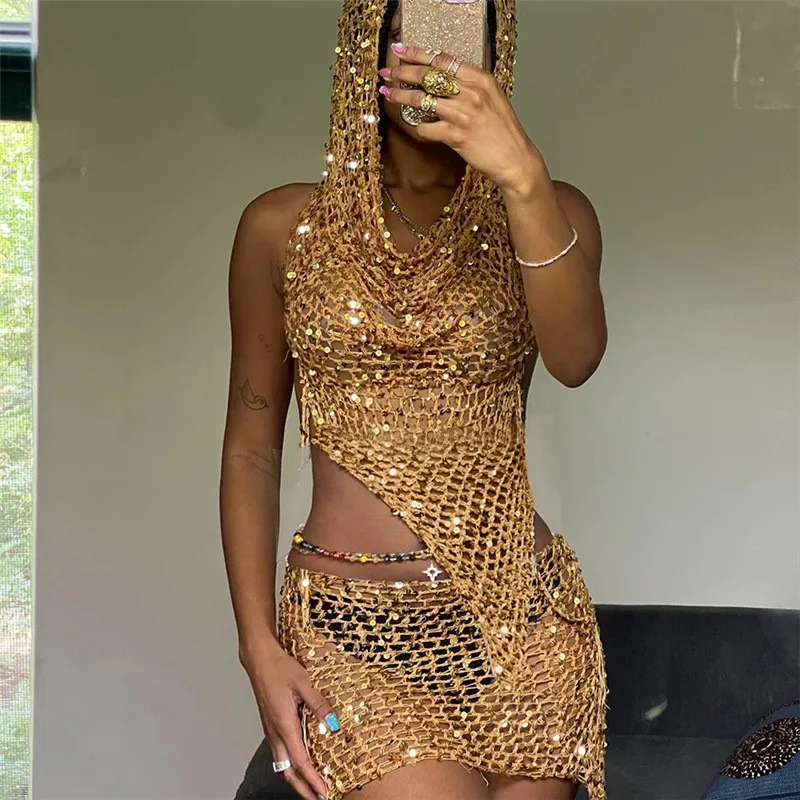 Summer Dress For Women 2023 Swimsuit Cover Up Plavky New Sequins Reflective Hooded Sexy Sleeveless High Waist Skirt Solid