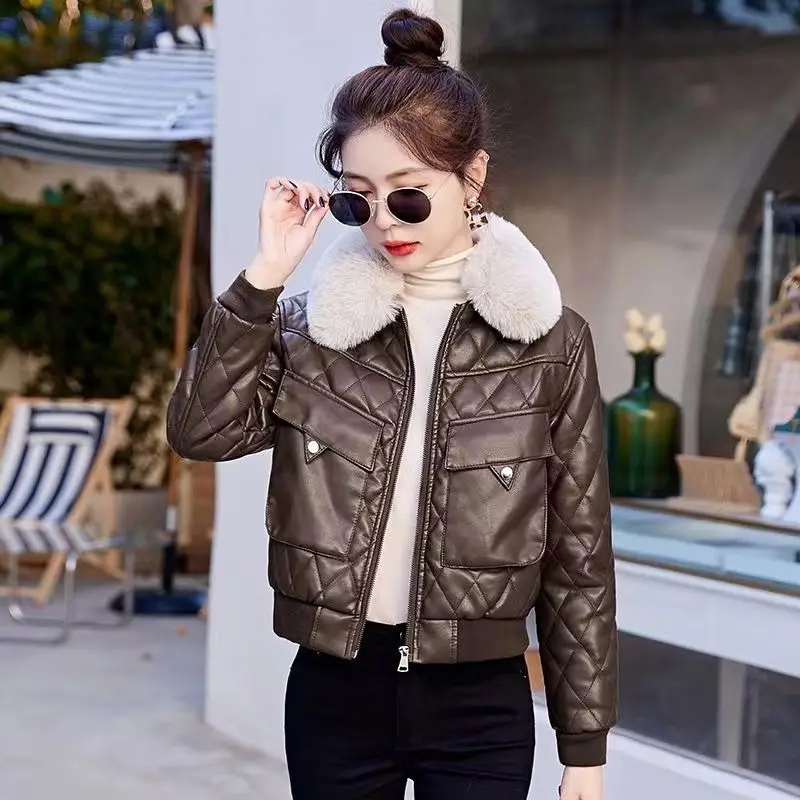 

Luxury Brand Biker Leather Jackets Fur Lining Fur Collar Leather Coat Pockets Zippers Long Sleeves Short Tops Korean Fashion