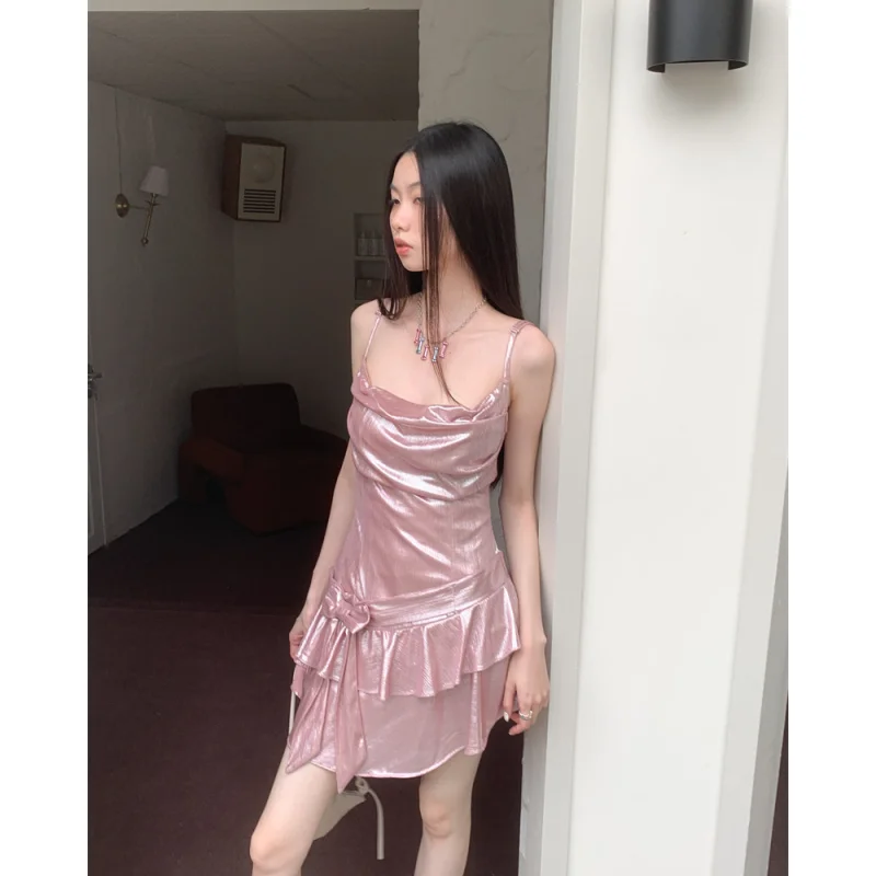 

2024 Summer Pink Solid Women's Suspender Dress Ruffled Edge Irregular Chest Wrapping Design Elegant Ball Dress Feminine Skirt