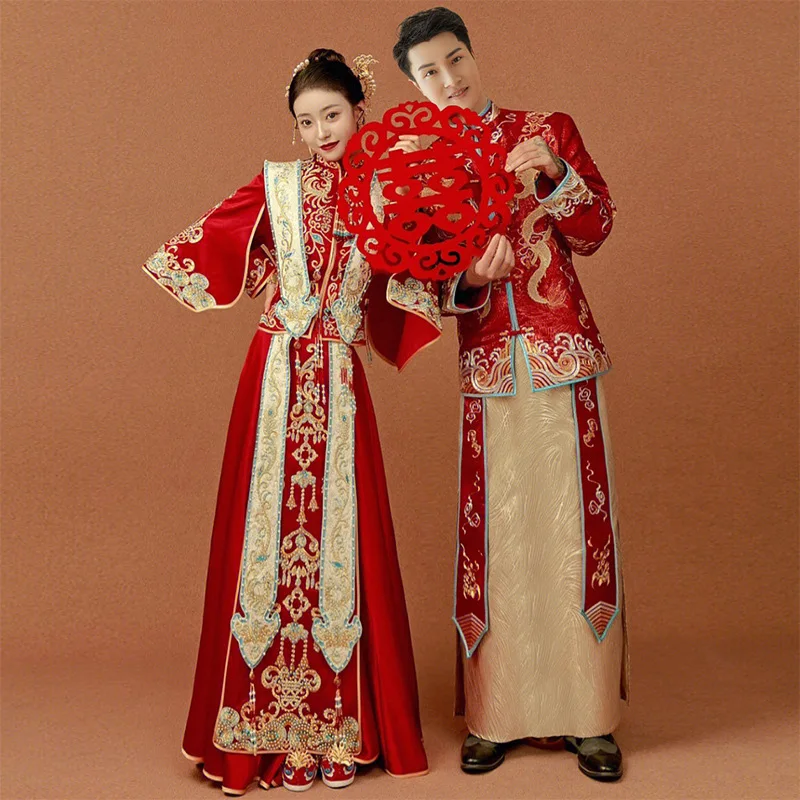 

Oriental Couple Dragon and Phoenix Embroidery Cheongsam Chinese Style Hanfu Dress Elegant Party Qipao Wedding Dress