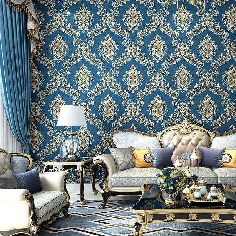 

Европейские королевские синие Дамасские обои, 3d тисненые украшения для дома, нетканые фотообои для спальни, гостиной