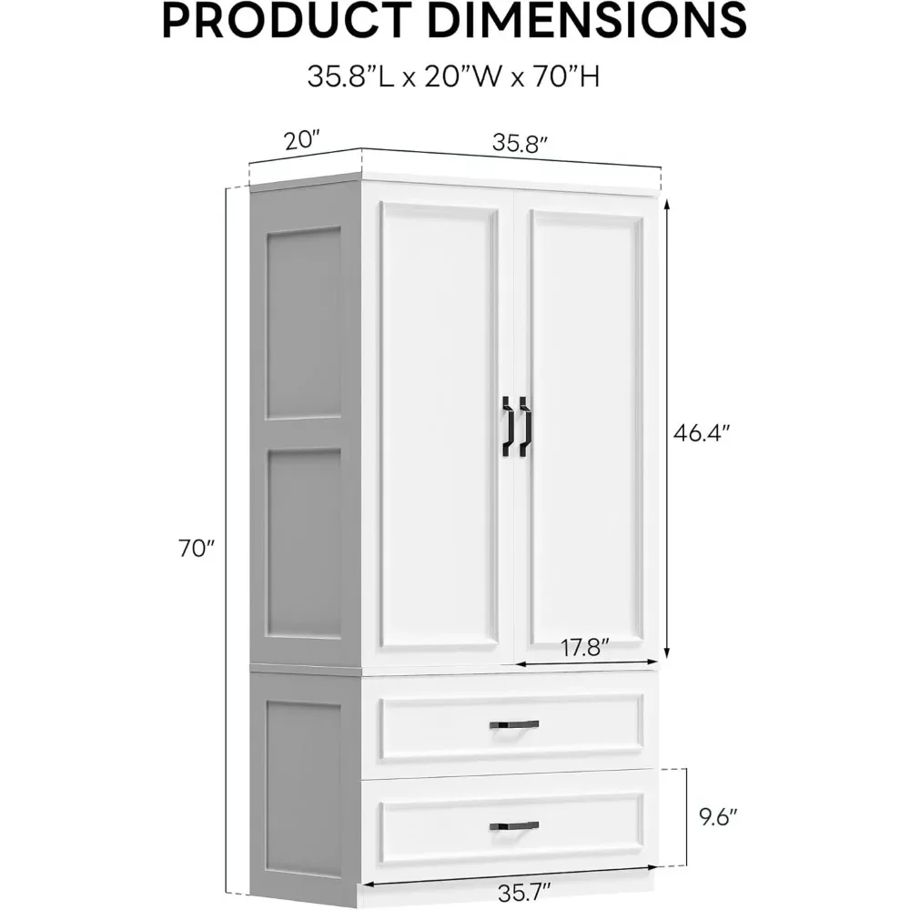 NEW-Armoire Wardrobe Closet with 2 Doors and 2 Drawers 70" H x 36" W Wooden Bedroom Freestanding Wardrobe Combination for Hangin