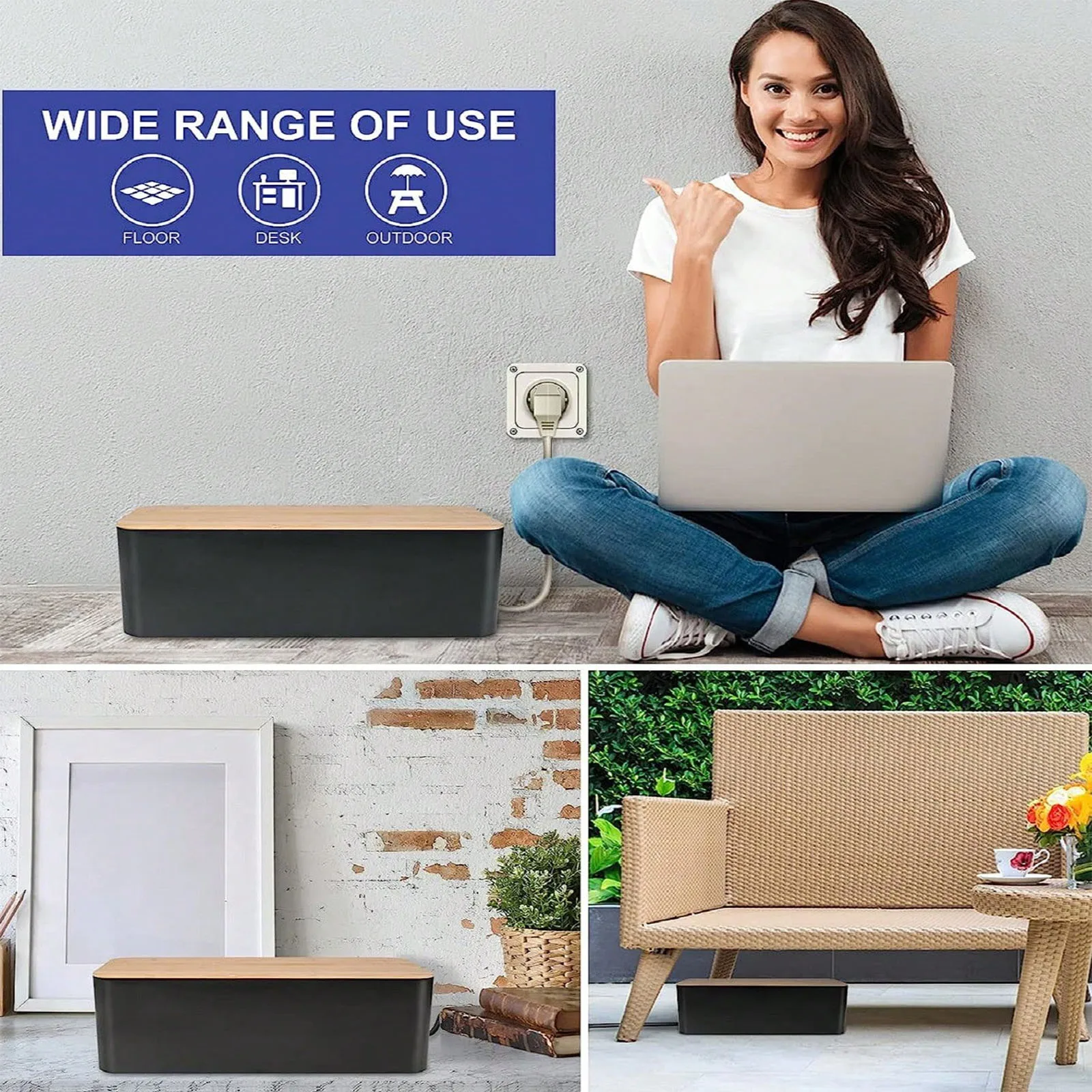 Cable Management Box, Cord Box Hider,Extension Socket Cord Organizer Box with Bamboo Wood Cover for Router Desk Power Strip 6