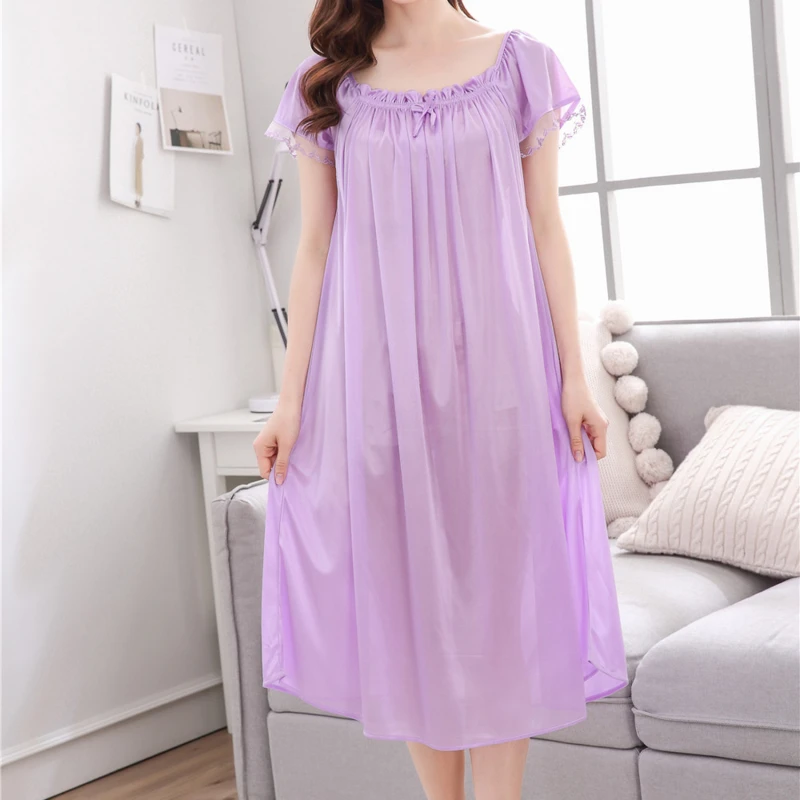 Women Night Gowns Sleepwear Lace Patchwork Nightwear Long Sleeping Dress Casual Ladies Home Dressing