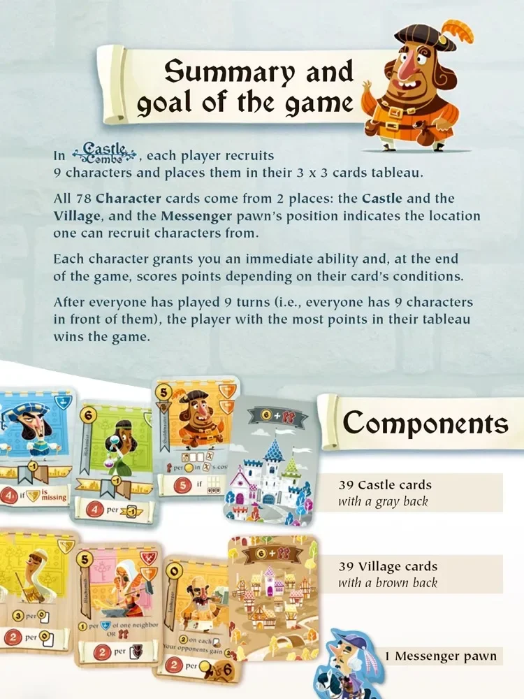 Låda och delar uppställda för en Castle Brädspel-omgång