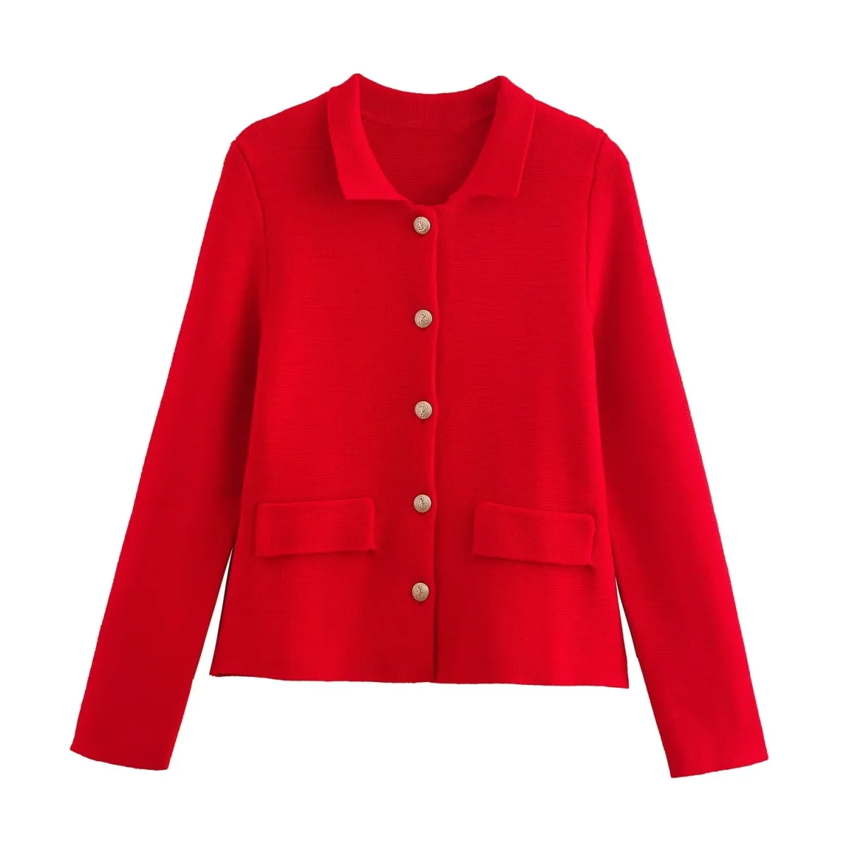 thumbnail image 1 of HH TRAF 2024 Cárdigans ajustados informales para mujer, cuello vuelto liso, manga larga, botonadura sencilla, abrigos de otoño para mujer, moda en 2 colores, 1 of 5
