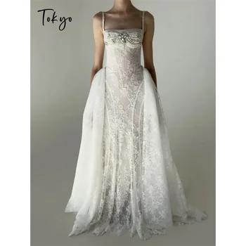 Tokyo Customized Elegent Spaghti Strap Lace Appliques Wedding Party Dress Zip-Up Square Collar Prom Dress Train Wedding Gown 1