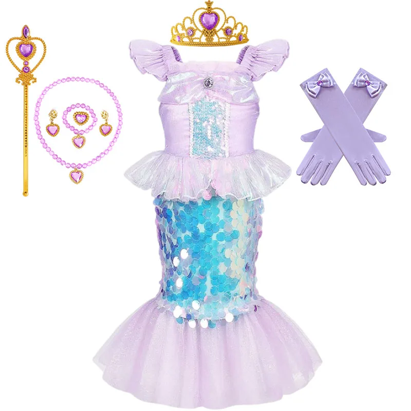 thumbnail image 1 of Vestido de princesa Ariel de La Sirenita de Disney para niñas, disfraz de lentejuelas, disfraz para niños, disfraz para Halloween, carnaval, fiesta de cumpleaños, ropa de 2 a 10 años, 1 of 5