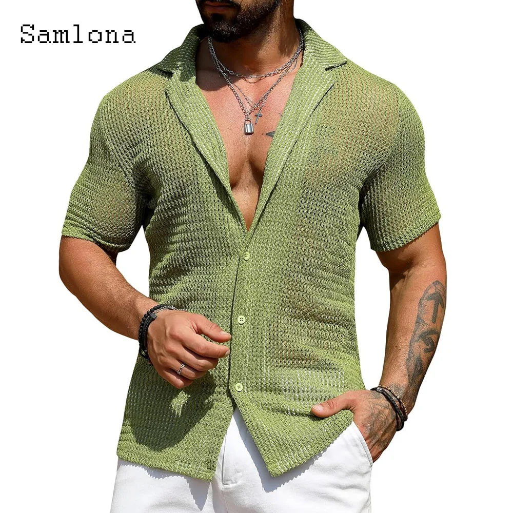 Plus Size 3xl Men Summer New Knitting Blouse Solid White Transparent Shirt Mens Beach Top Cardigans Lepal Collar Knitwear 2024