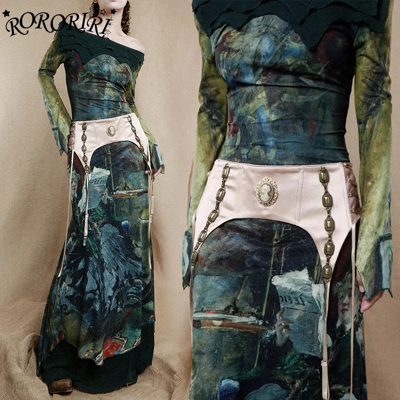 

RORORIRI Aesthetic Print Dress Garter Belt Cincher Women Retro Satin Waist Trainer Draped Long Sleeves Ruffle 2-piece Dress Set