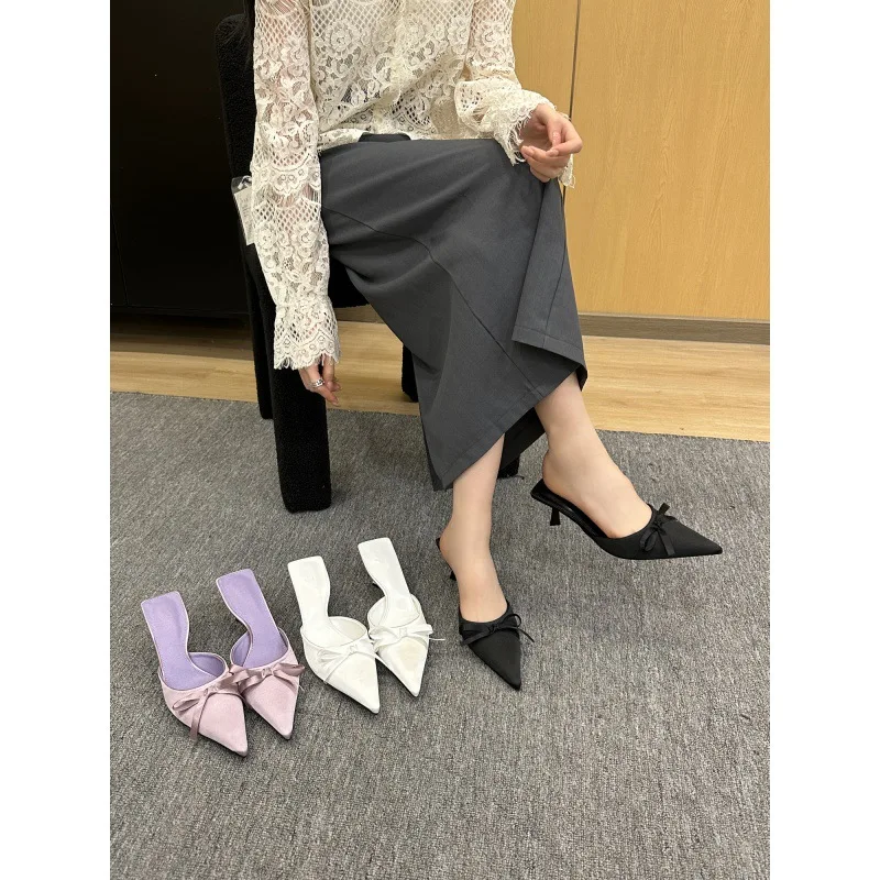 

Slippers Casual Shoes Slipers Women Low Pointed Toe Thin Heels Slides Heeled Mules Luxury 2024 Cover High Rome Rubber Fashion PU