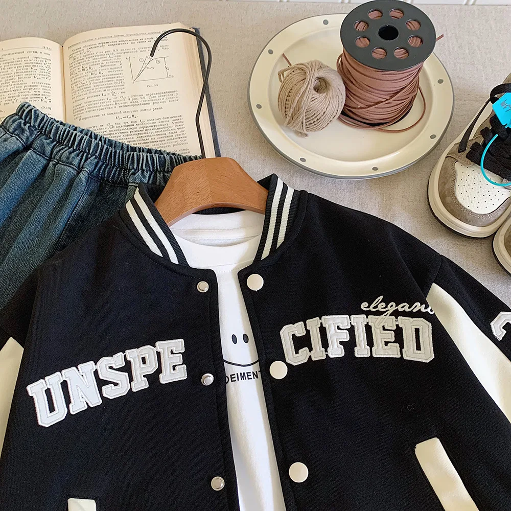 봄 가을  남아용 면 프레피 알파벳 싱글 브레스티드 바시티 재킷 학교 어린이 트랙 코트 아동복 상의 1-12세