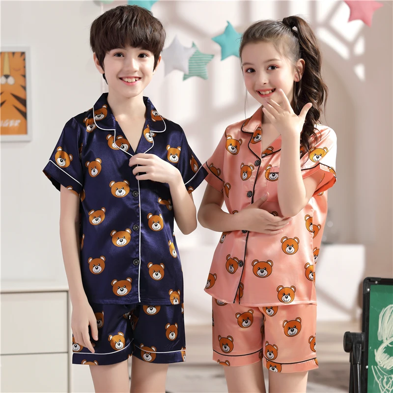 Toddler Baby Boys & Girls Satin Pajamas Set PJS Long Sleeve Cartoon Button-Down Sleepwear Loungewear 