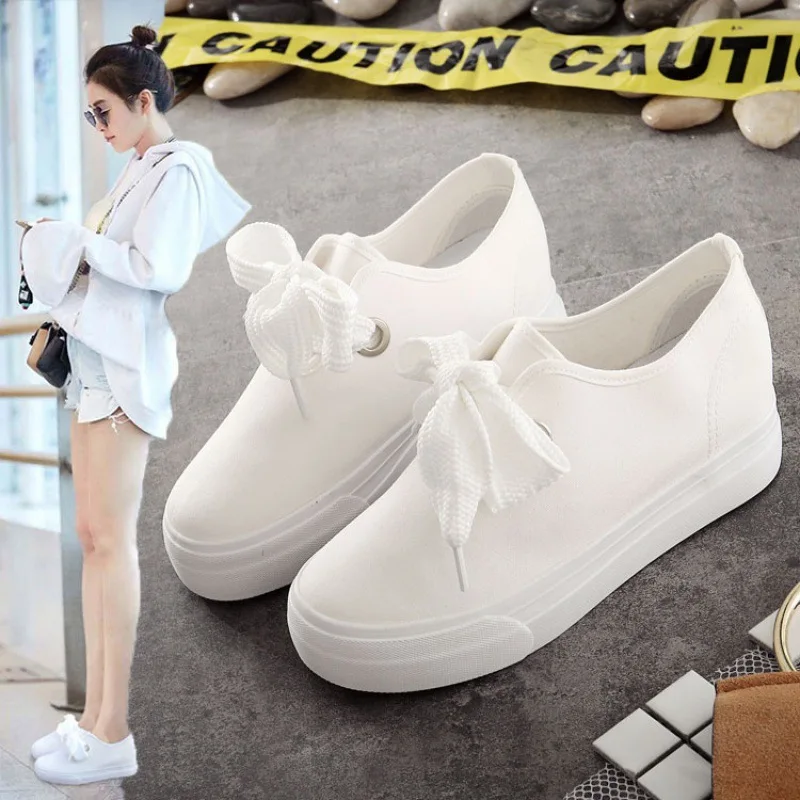 

White Canvas Shoes Women Heightening Fashion Rubber Soles Non Slip Casual Student Campus Shoes Simple Versatile Sneakers 34-40