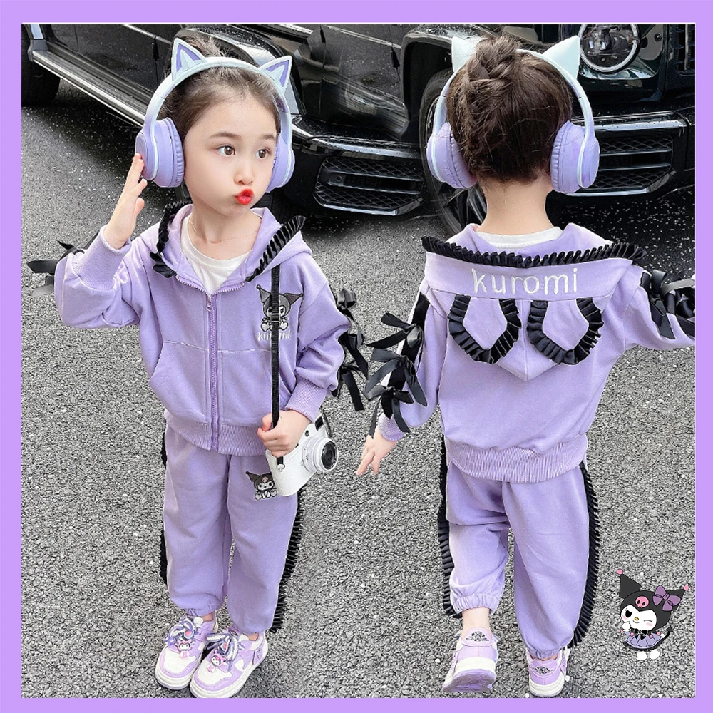

Anime Sanrioed Girls 2Pcs Sports Set Kuromi Y2K kawaii Cotton Long Sleeved T-Shirt Sweat Pants Y2K High-Quality Kids Clothing