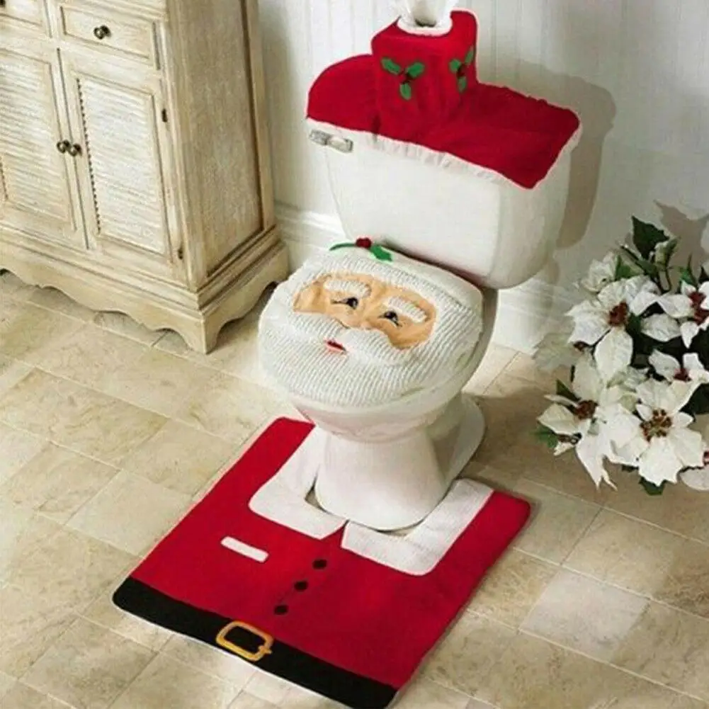 Toilet Seat Cover Rug Bathroom Mat Creative Xmas Decoration Set Santa Toilet Seat Cover Rug Tank Xmas Home Decor