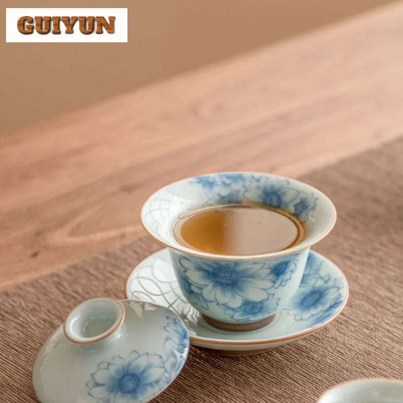 170ml Blue And White Sunny Flower Gaiwan Japanese Non Scalding Three Talented Tea Tureen Tea Making Cover Bowl Cafes Collection