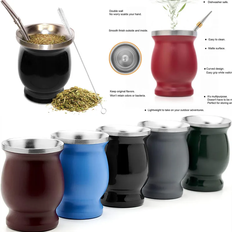 1 Set 230ML Bombilla Set Yerba Mate Gourd Double Stainless Steel Tea Cup with One Spoon and Brush Heat Insulation Anti Scalding