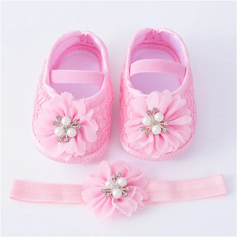 0-18months Baby Girls Shoes And Headband Soft Sole Non-Slip Pearl Flower Princess Wedding Dress Crib Shoes For Newborn Girls 4