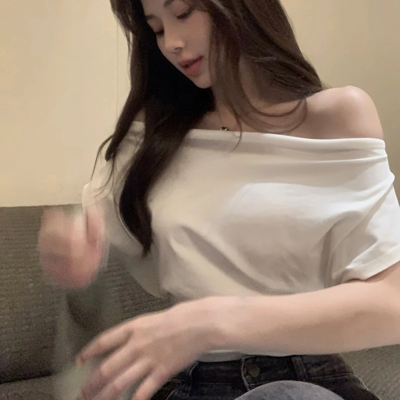 Summer Sexy Off Shoulder Short Sleeve T-shirt Women Solid Color Chic Crop Top
