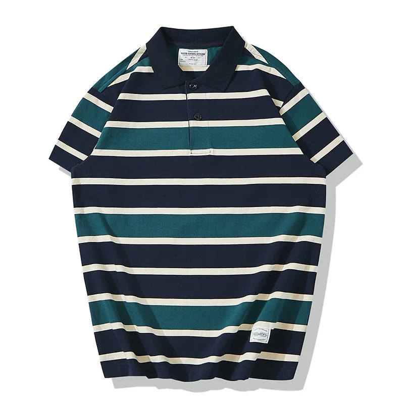 OKONKWO-Color Block Polo Collar Thick Striped T-Shirt, Heavyweight, Short Sleeve, Striped Tee, Outdoor Trekking, Travel Sports