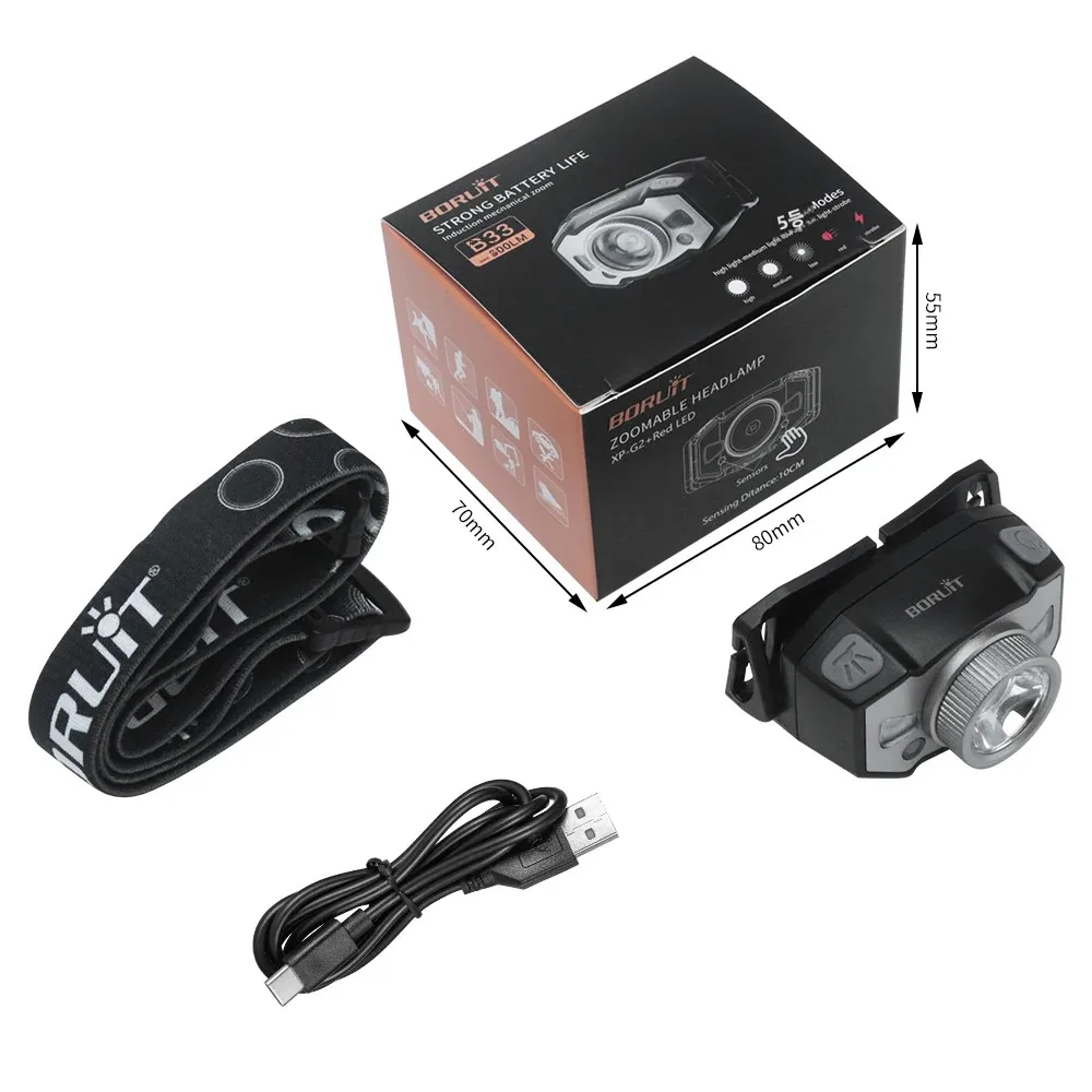 BORUiT B33 350LM 모션 IR 센서 헤드라이트 Type-C 충전식1200mah 헤드라이트(캠핑 낚시 비상용 적색광 포함)