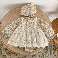 2025 New Spring 0-24M Children Clothes Toddler Baby Girls Romper+Hat Long Sleeved Cotton Printing Korean Style Climbing Suit