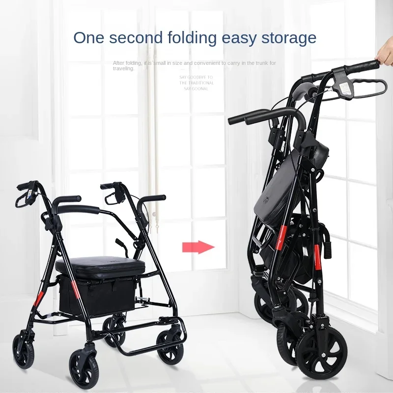 

Portable Elderly Travel Trolley Four-Wheeled Walking Cart with Armrest Folding Can Sit Walking Stick Chair for Enhanced Mobility