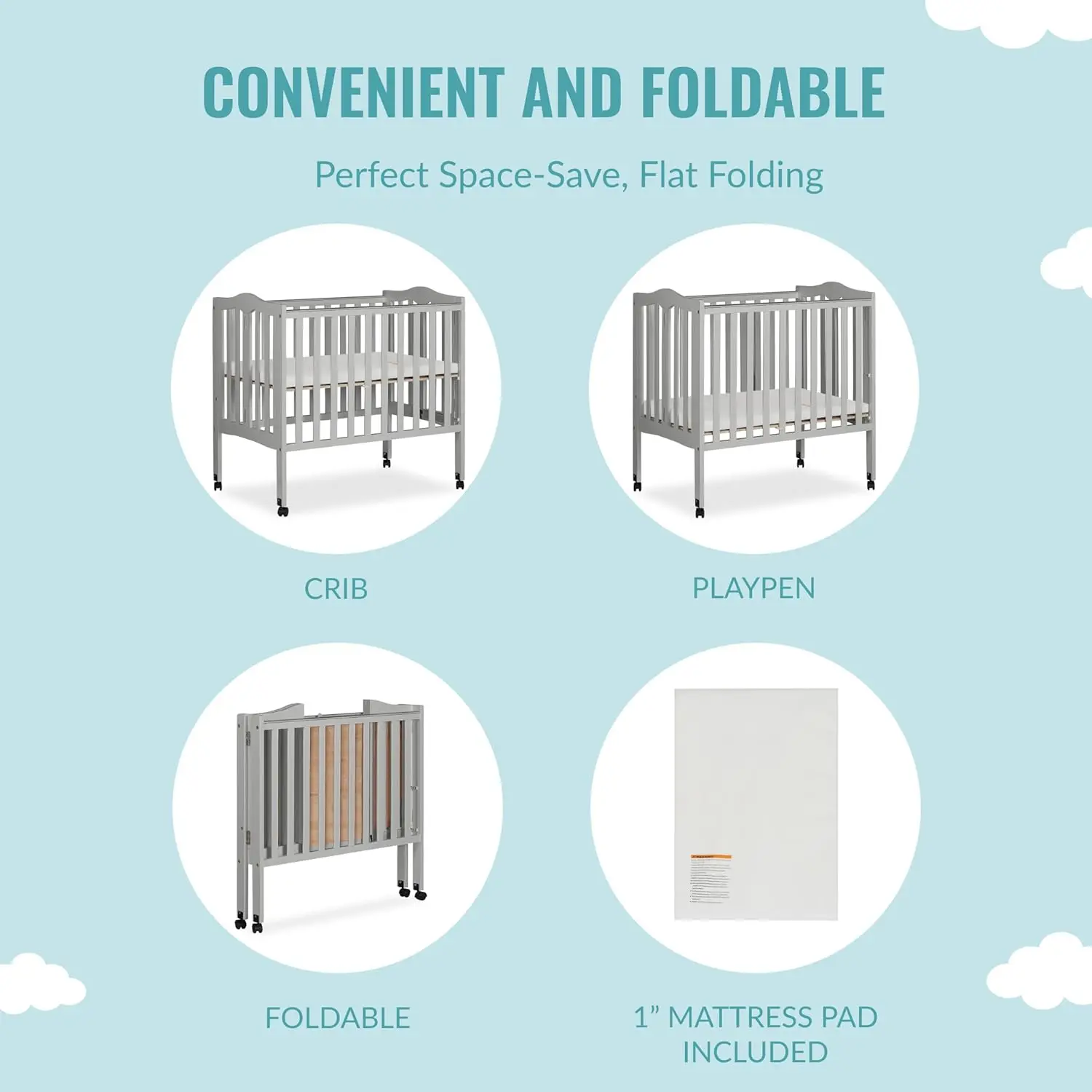 2-in-1 Lightweight Folding Portable Stationary Side Crib in Pebble Grey, Greenguard Gold Certified, Baby Crib to Playpen