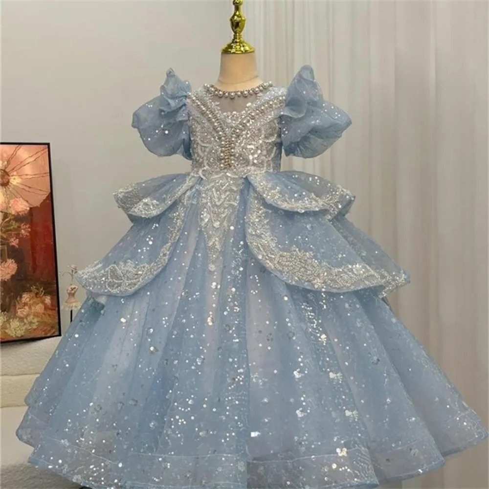 Children Girls Blue Evening Dress For Birthday Party Luxury Embroidery Beading Sequin Kids Princess Dresses Flower Girl Dress flower girl dresses,girls dresses