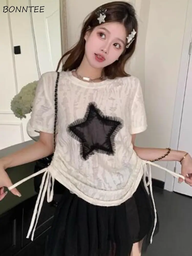 

T-shirts Women Simple Design Leisure Fashion O-neck Ulzzang Streetwear Daily Students Lace-up All-match Classic Popular Loose