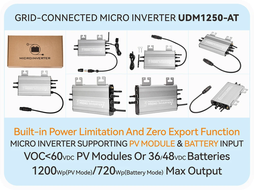 Wi-Fi 및 역류방지 기능, AT800/1000/1200W 하이브리드 마이크로 인버터, 태양광/배터리 입력 20-60V, 출력 180-265V