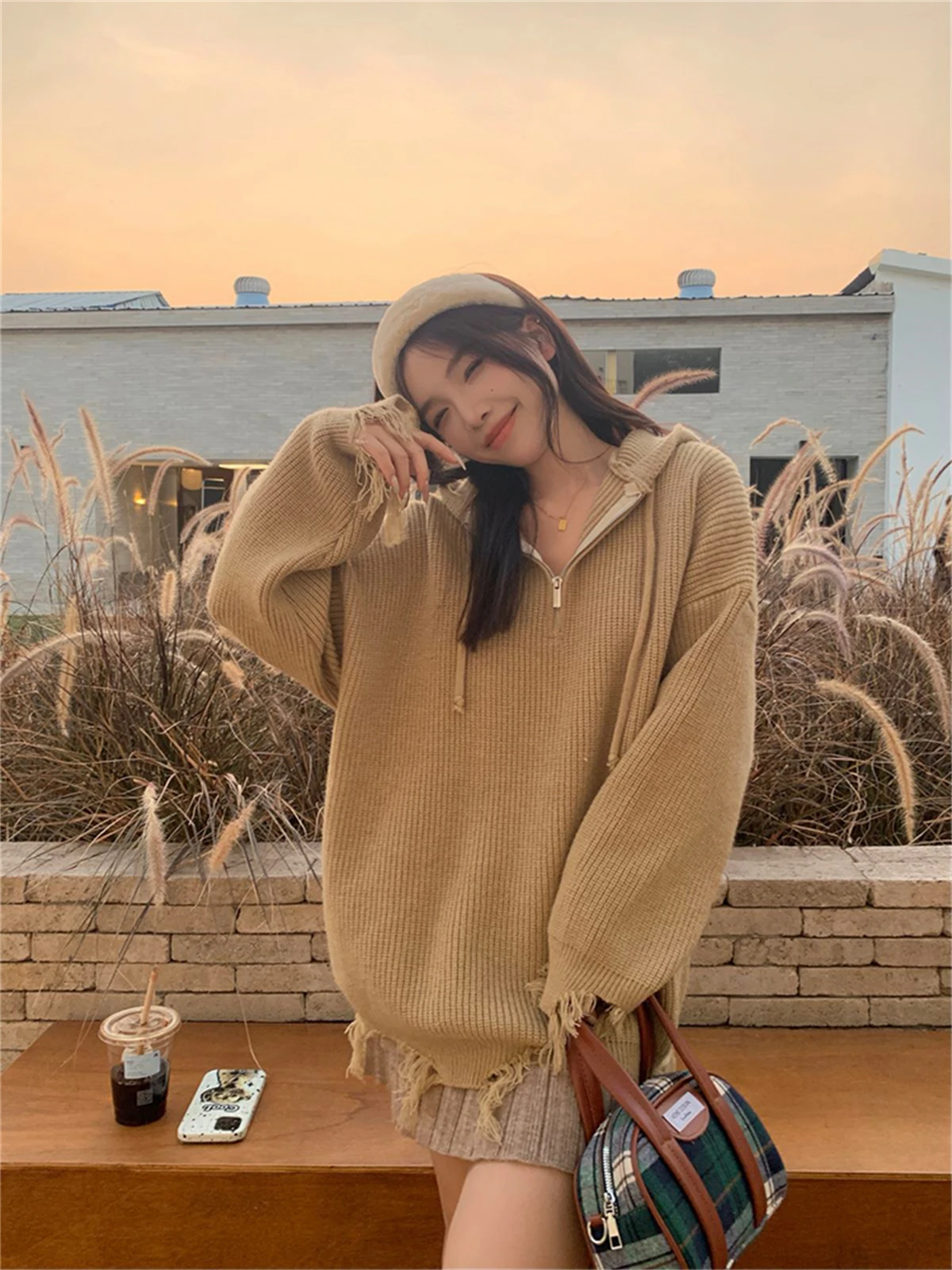 

Khaki Tassel Hooded Knitted Sweater For Women's Autumn And Winter 2022 New Korean Version Warm Loose Thin Long Sleeve Top