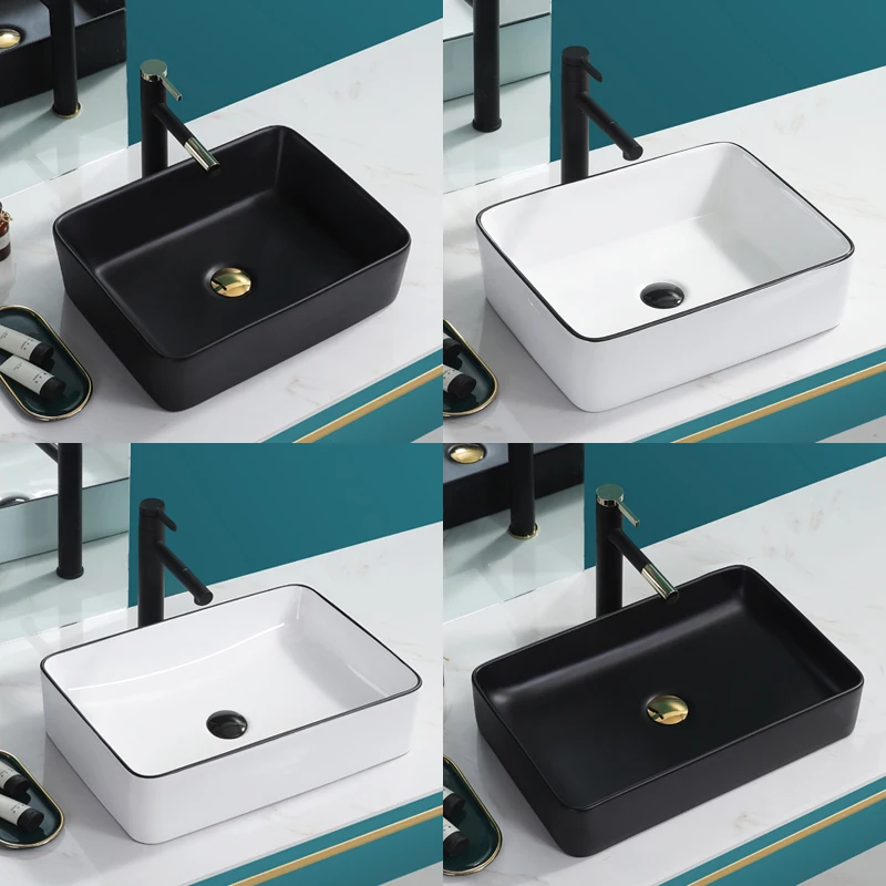 

Nordic Black Above Counter Basin Household Wash Basin Single Basin Ceramic Washbasin Pool White Square Bathroom Balcony Basin