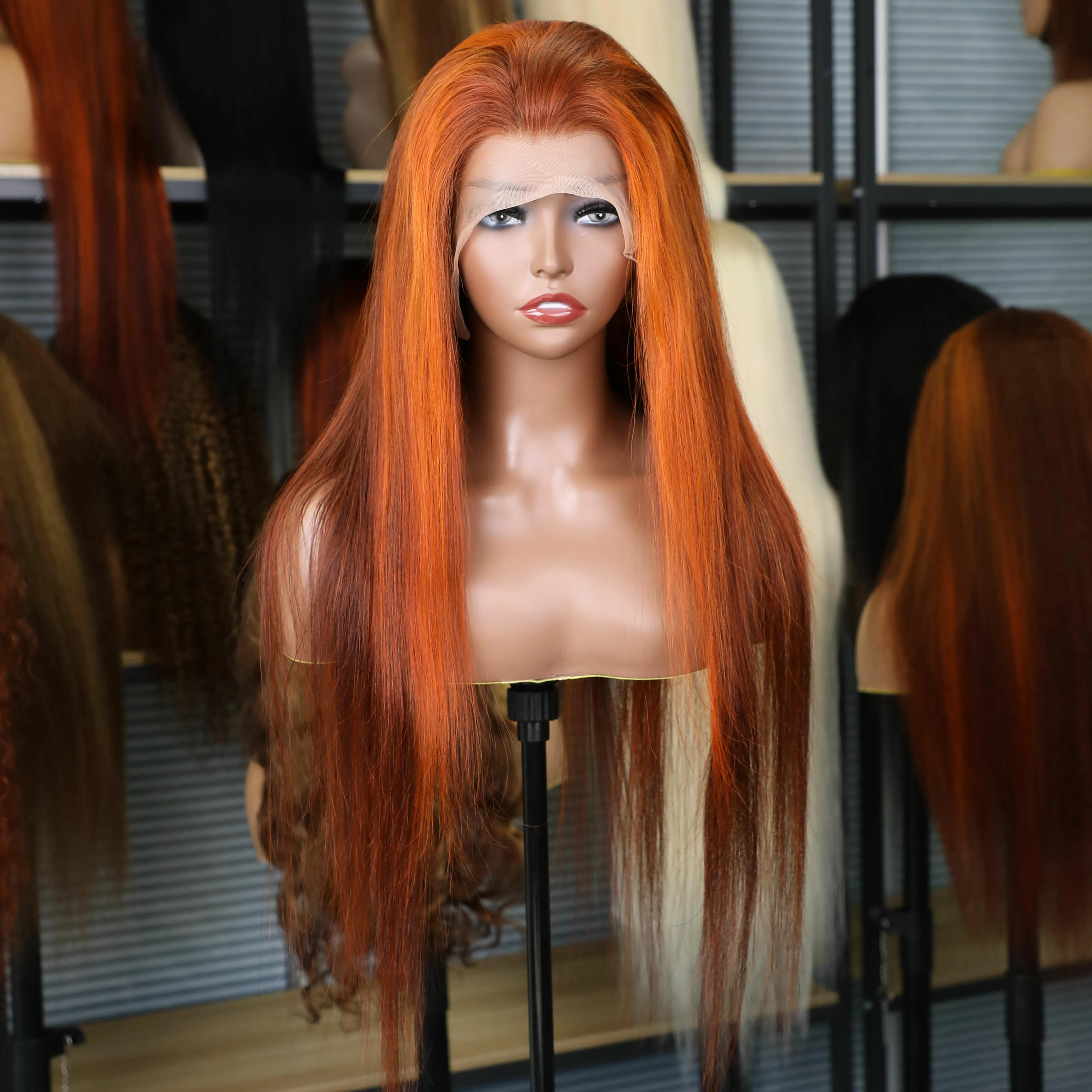4/350 Brown Ginger Orange Color 13x6 Straight For Women Transparent Lace Front Human Hair Wigs Pre Plucked 200%Density Brazilian