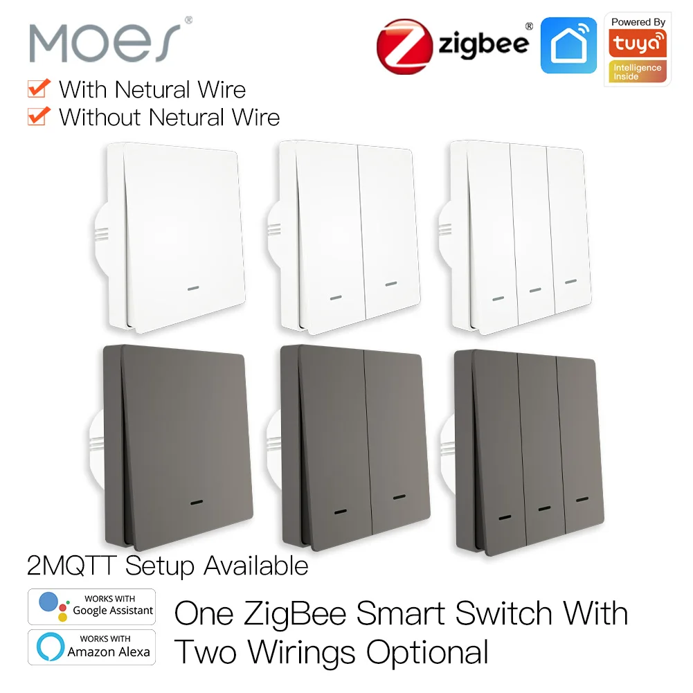 

MOES Smart Light Switch Tuya ZigBee No Neutral Wire No Capacitor Needed Smart Life 2/3 Way Works with Alexa Google 2mqtt