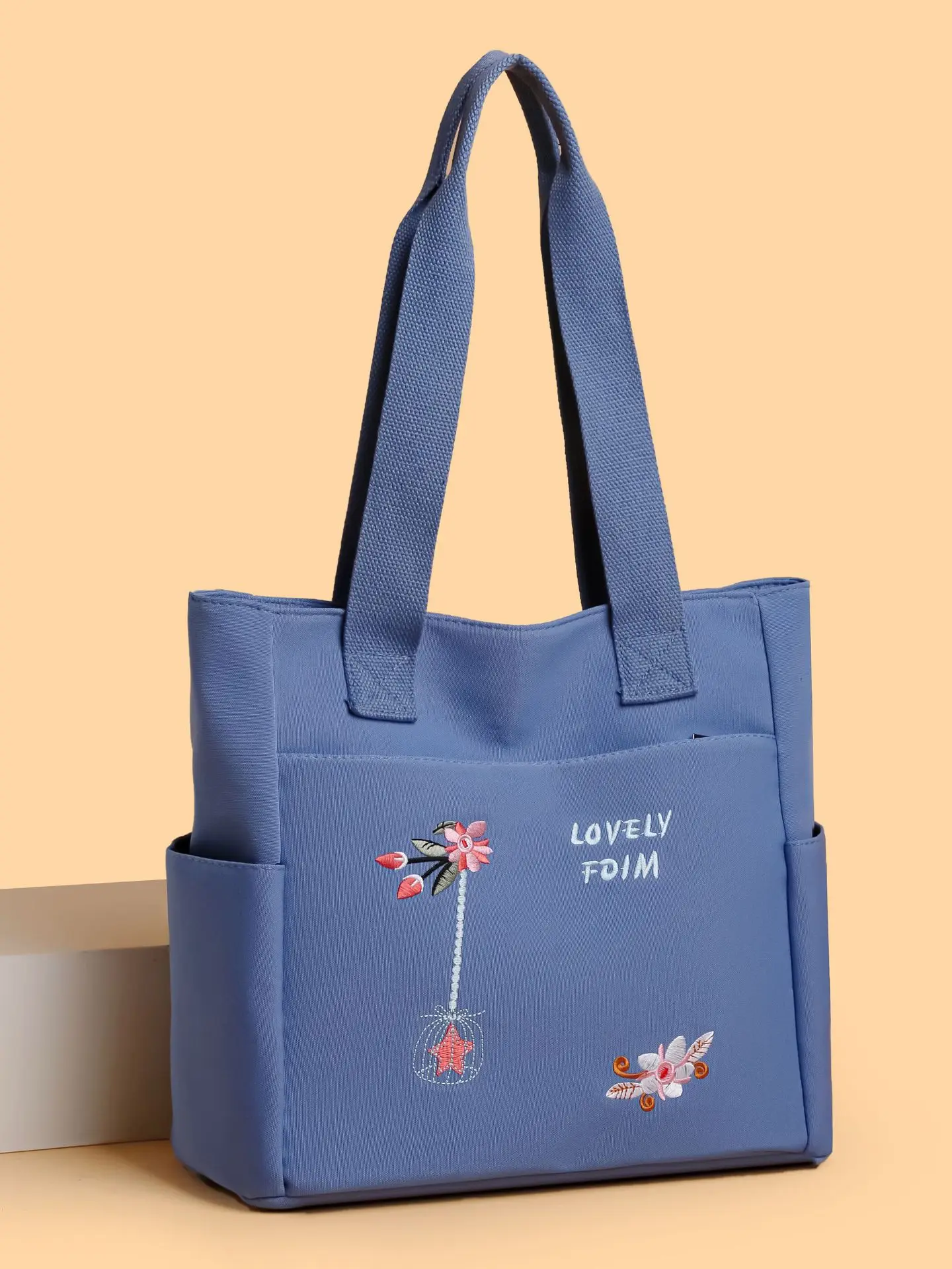 Damen-Tragetasche aus Oxford-Stoff, große Kapazität, Umhängetasche, Stickerei-Handtasche, mehrere Taschen, Reißverschluss, Shopper, Schultasche, Einkaufstasche – Detail 9