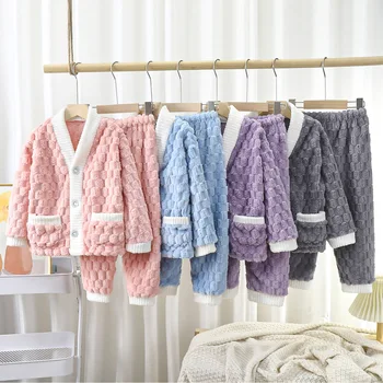 Thickened Warm Children Sleepwear Winter Flannel Long Sleeves Long Trousers Solid Cardigan Home Wear Padded Cute Plaid Pajamas 1