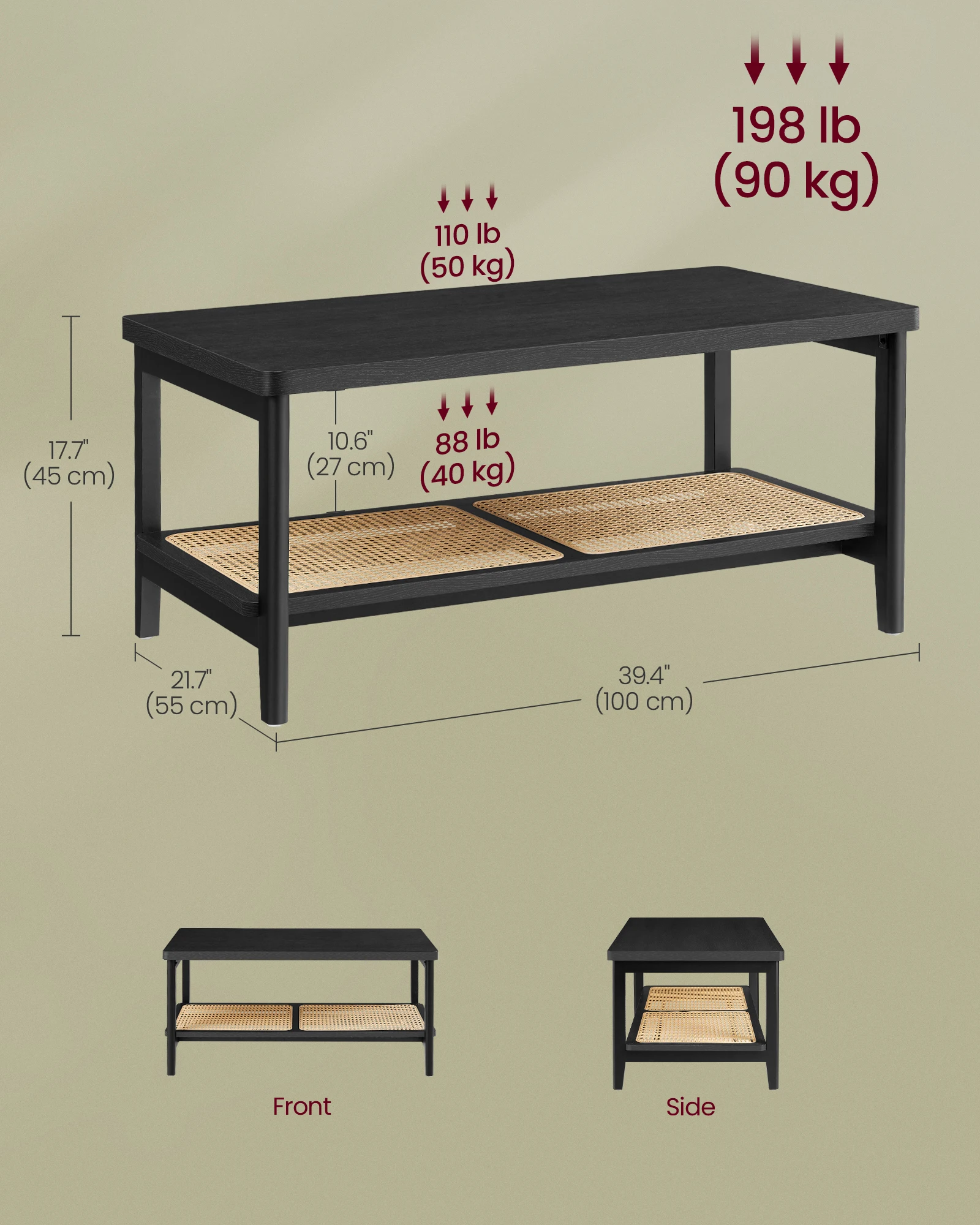 VASAGLE 2-Tier Coffee Table for Living Room, Living Room Table Rectangular Center Table, with PVC Rattan Storage Shelf 4